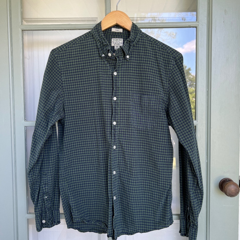 J Crew Button Up Shirt - Slim Fit Medium - Green and Navy Gingham Check